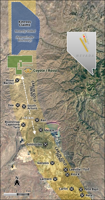 Carlin Trend land package map showing the Coyote / Rossi claims and neighbouring mines